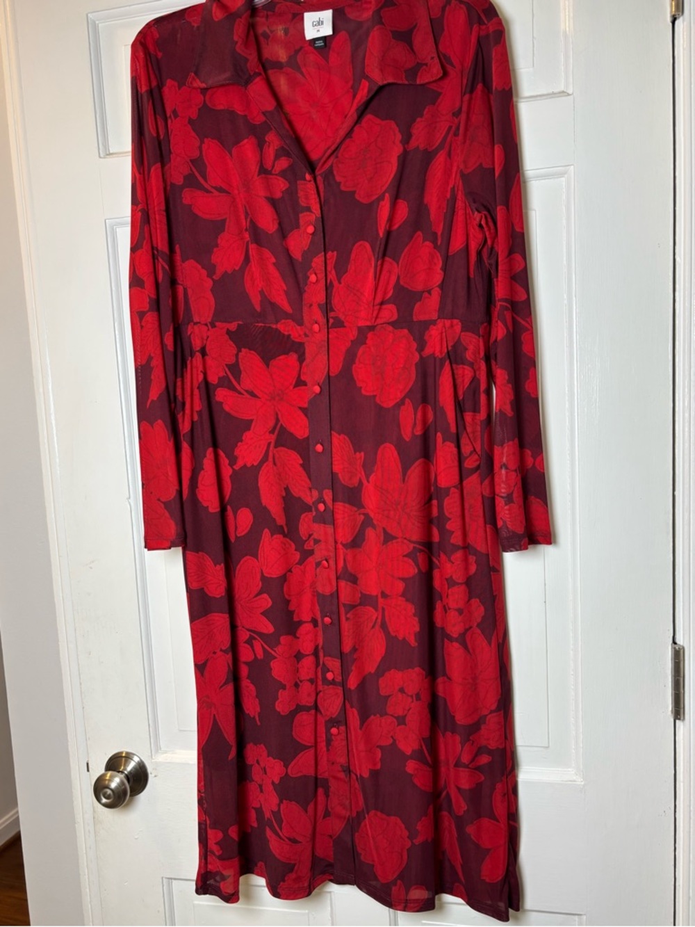 Cabi Red Floral Button-Front Long Sleeve Dress Women’s M Soft Silky Texture